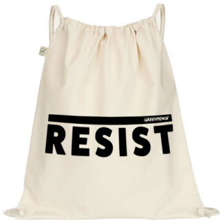 zainetto bianco cotone biologico con scritta nera resist