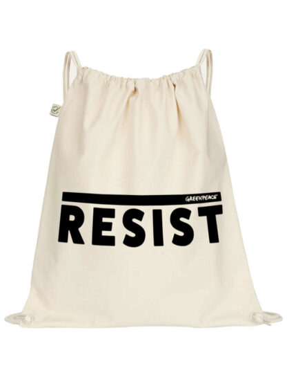 zainetto bianco cotone biologico con scritta nera resist